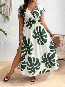 SHEIN Clasi Đầm maxi xẻ tà cổ chữ V họa tiết hoa dành cho nữ cỡ lớn. - Limelight Green - Xem 3