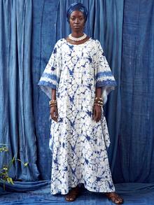 SHEIN LUNE Women's Blue & White Tie-Dye Printed Rayon Long Sleeve Beach Vacation Vintage Bohemian Loose Casual Dress - Blue - View 2