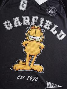GARFIELD | SHEIN 男士时尚百搭字母印花V领短袖T恤， - 黑色 - 查看 4