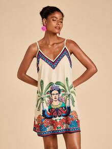 Travachic Frida Kahlo X SHEIN Women's Casual Tropical Figure Print Spaghetti Strap Mini Dress, Suitable For Spring/Summer, Vacation, Island - Multicolor - View 5