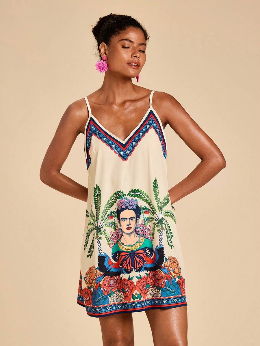 Travachic Frida Kahlo X SHEIN 女士休闲热带印花吊带迷你连衣裙,适合春夏季节、度假、海岛穿着。 - 彩色 - 查看 1