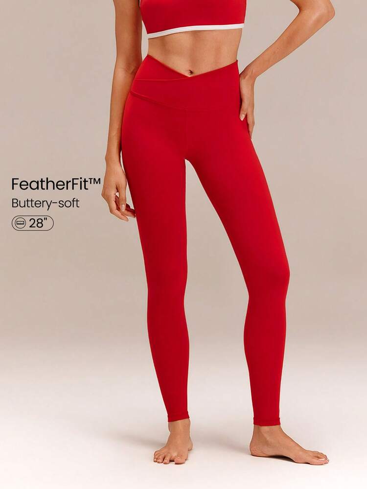 28" FeatherFit™ Crossover Red Leggings Gym  Spring Summer