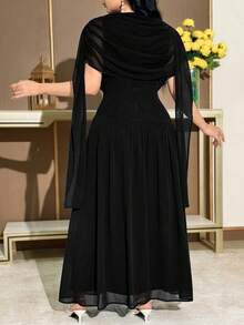 Feyla Plus Size Women's Elegant Party Banquet Black Ruched Batwing Sleeve Waist Cinched Dress - Black - View 2