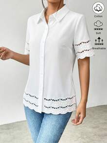 Elenzga Women's Collared Short Sleeve Fitted Waist Elegant White Summer Blouse,Minimalist Office Shirt For Commute, Date,Beach Outfit,Casual Tops - White - View 3