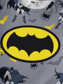 BATMAN X SHEIN 85th 男童卡通印花圆领短袖上衣和短裤休闲家居服套装 - 灰色 - 查看 7