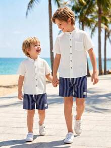 SHEIN Vacaura Tween Boys' Commuter Casual Textured Striped Fabric Stand Collar Shirt & Striped Shorts 2 Pieces Set, Comfortable & Fashionable - Navy Blue - View 4
