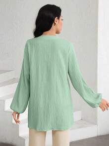 Graceveil Camisa de manga larga con cuello entallado, unicolor con textura y parches de encaje - Verde - Ver 5