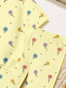 Summer Young Girl Cute Floral Print T-Shirt & Flared Pants Set, Pastel Yellow Refreshing Minimalist Personalized Fashion Creative Comfortable Daily Wear - Multicolor - View 7