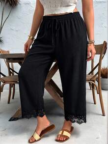 Ceyna Pantalones de talla grande con textura y ribete de encaje de unicolor - Negro - Ver 3