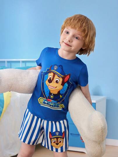 SHEIN | PAW Patrol Jungen Cartoon Buchstaben Muster Rundhals Kurzarm Top und Shorts Lässig Schlafanzug Set