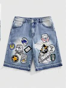 ROMWE MEN Men's Embroidered Pattern Loose Denim Shorts, Spring/Summer - Blue - View 1