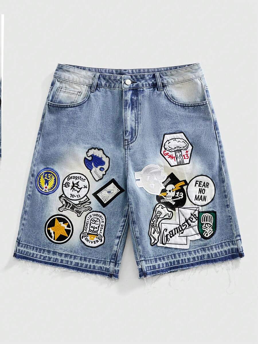 ROMWE MEN Men's Embroidered Pattern Loose Denim Shorts, Spring/Summer - Blue - View 1
