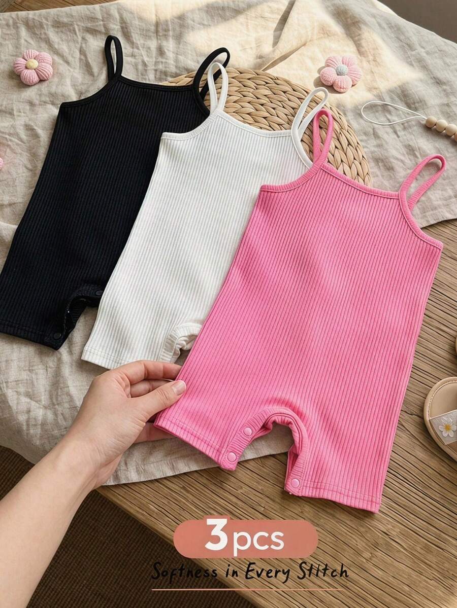 Cozy Pixies 3件組女嬰夏季可愛純色彈性細肩帶連身褲，彩色 - 彩色 - 查看 1