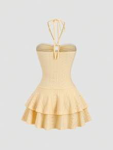 Sweetra Cute Retro French Style Romper,Pale Yellow Summer Vacation Holiday Strapless Tie Front Ring Detail Double Ruffle Hem Cake Skirt Perforated Fabric - Yellow - View 2
