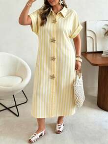 Ceyna Plus Size Women's White Summer Holiday Tea Party Holiday Striped Shirt Dress,Starfish Metal Button Double Placket Raglan Sleeve Asymmetric Hem Maxi - Multicolor - View 7
