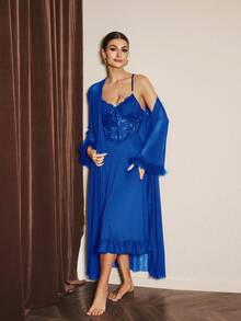 Slumberist 2pcs/Set Fishbone Design Waist Lace Camisole Nightgown + Floral Trim Wide Sleeve Mesh Robe - Royal Blue - View 4