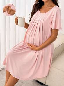 Slowluna Maternity Solid Color Short Sleeve Pleated Delivery Dress Nursery Spring - Pink - View 10