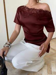 SHEIN PETITE CURVE Plus Size Summer Elegant Solid Color Contrast Lace Asymmetric Neck Cinched Waist Blouse - Burgundy - View 5
