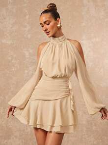 Lumalex Women's Spring/Summer Elegant Purple Off-Shoulder Design, Mushroom Button Ruffle Long Sleeve, Fitted Silhouette, Flared Mini Dress - Apricot - View 3