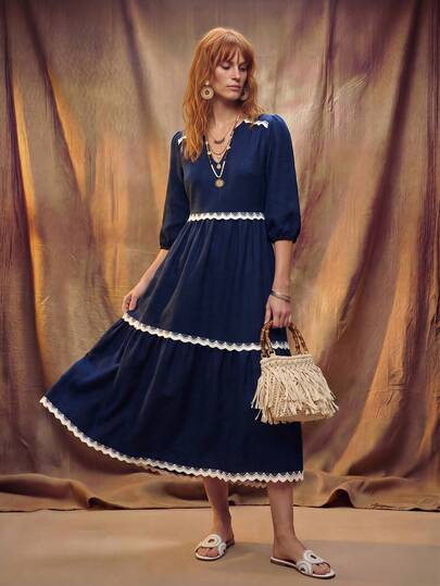 Fembélia Nuevo vestido casual y versátil, vestido de mezclilla azul con parches de encaje, adecuado para vacaciones, citas, vestido midi cómodo