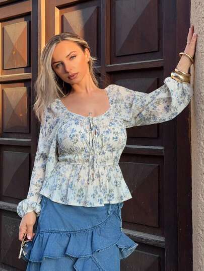 Jeta Ari Blusa elegante con cuello de corazón, mangas farol, cintura ceñida, fruncido y volante con lazo en el bajo