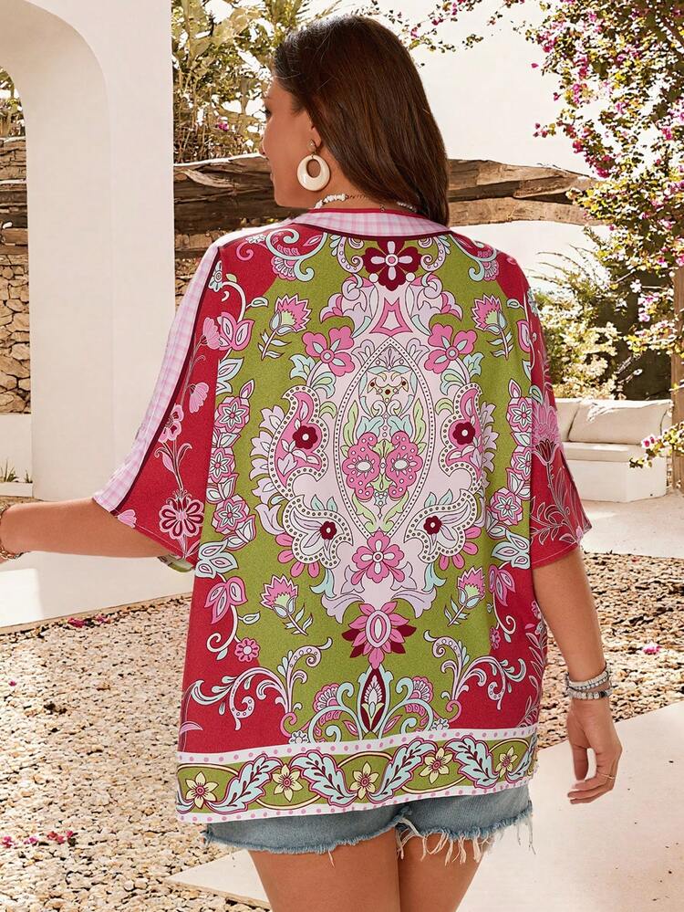 Plus Size Women Placement Print Loose Casual Vacation Jacket, Spring/Summer