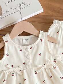 SHEIN LMoss Kids Conjunto Casual e Fofo de Verão para Bebê Menina, Top Regata e Calça com Cintura Elástica - Bege - Visão 5