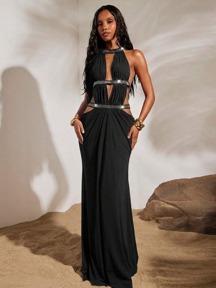 Opulessa Solid Color Knit Mesh Hollow-Out Backless Dress For Women, Suitable For Spring/Summer Vacation - Black - View 3