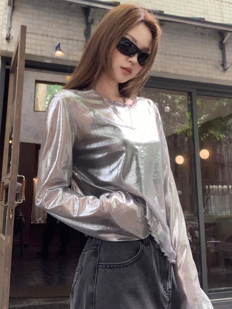 Women's Foil Printed Round Neck Long Sleeve Loose Blouse