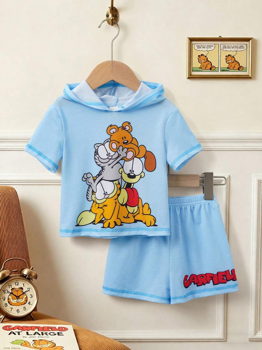 GARFIELD | SHEIN 男婴卡通印花连帽短袖T恤和短裤休闲日常穿搭 - 藍色 - 查看 1