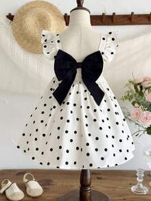 SHEIN Đầm dệt chấm bi cho bé gái, cổ vuông, xếp ly, nơ sau lưng, kiểu dáng thường ngày. - Nhiều màu - Xem 3