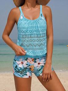 Swim Lushoire 2pcs/Set Summer Beach Women's Random Floral Print Tankini Top With Mesh Tummy Control And Hipster Shorts Swimwear Set - Blue - View 7