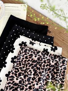 SHEIN 4件套女婴针织纯色、波点、碎花、豹纹图案可爱打底裤，休闲时尚 - 彩色 - 查看 5