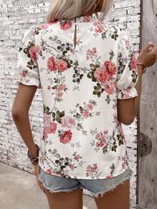 EMERY ROSE Floral Print Ruffle Collar Puff Sleeve Casual Romantic Shirt Vacation White And Pink Summer - Multicolor - View 2