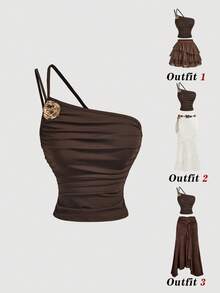 Skyraze Vintage Sexy Coffee Brown Asymmetric Shoulder Top, Summer, Casual, Holiday, Vacation, Boho, Y2K, Retro, Country, Picnic, Spring Break, Garden Party - Brown - View 1