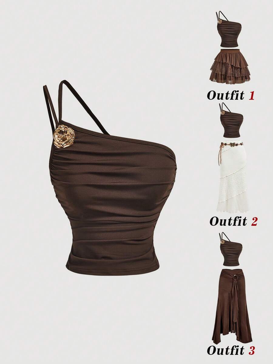 Skyraze Vintage Sexy Coffee Brown Asymmetric Shoulder Top, Summer, Casual, Holiday, Vacation, Boho, Y2K, Retro, Country, Picnic, Spring Break, Garden Party - Brown - View 1