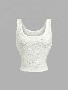 SHEIN MOD Áo tank top trắng cổ vuông thanh lịch đính đá lấp lánh - trắng - Xem 4