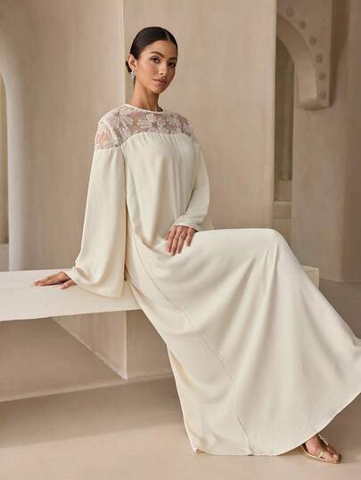 Graceveil Elegant Floral Mesh Arabic Style Dress For Women, Everyday Wear