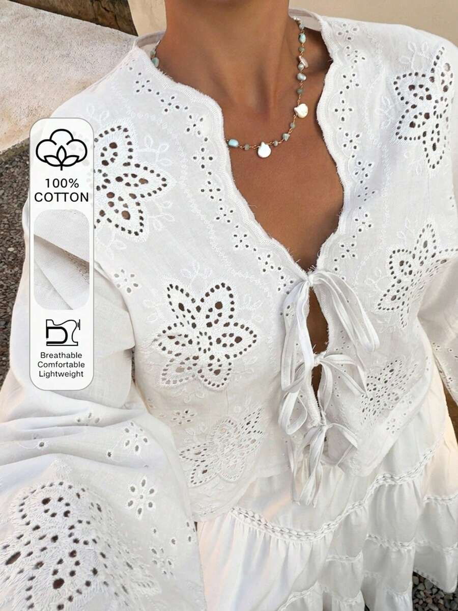 Livesso Trang phục đi nghỉ hè: Áo kiểu rộng rãi bằng vải cotton ren thắt nơ dành cho nữ. - trắng - Xem 1