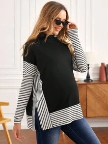 MaterniWear Maternity Mock Neck Striped Colorblock Tee With Long Sleeve Fall - Black - View 1