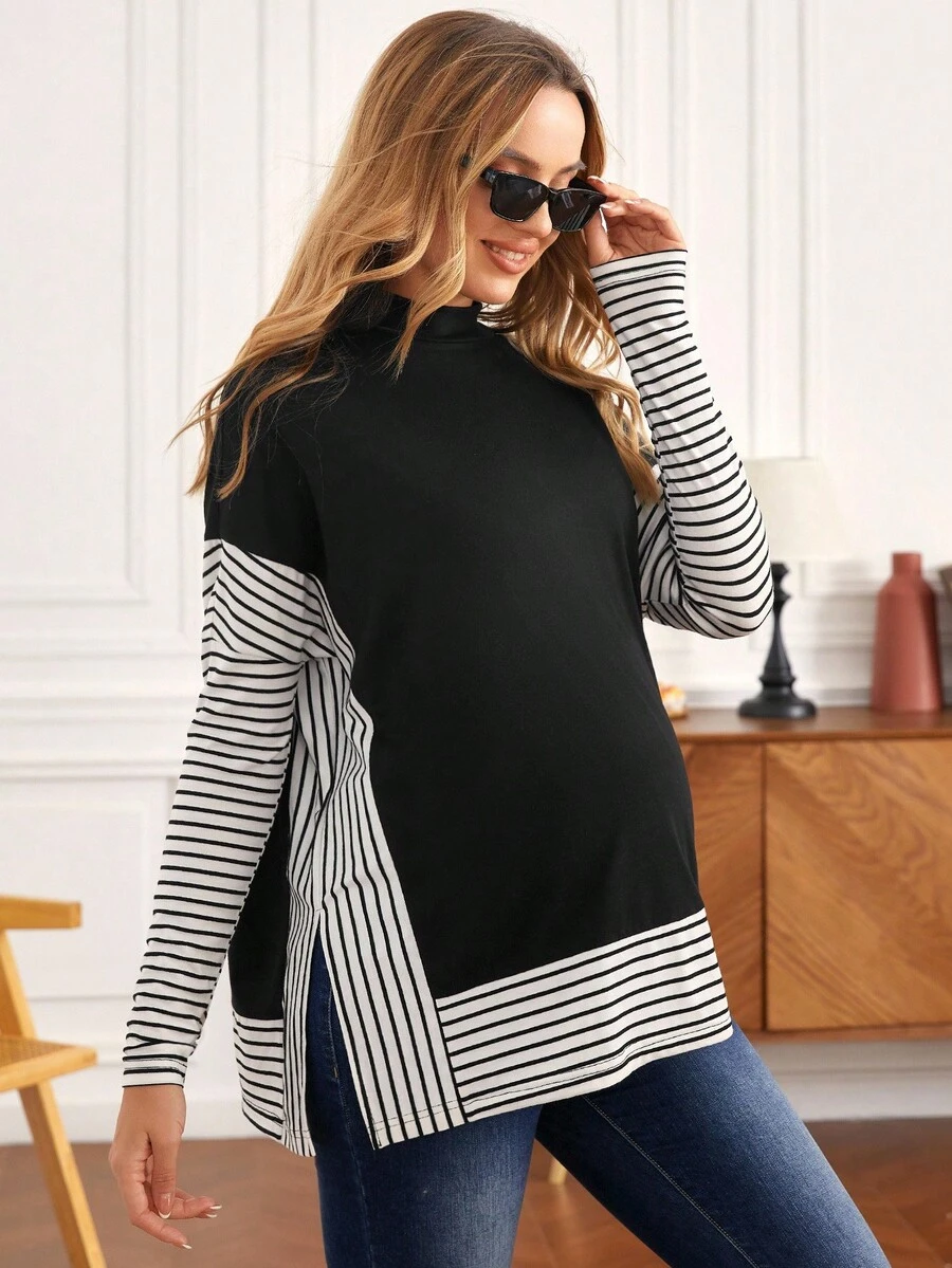 MaterniWear Maternity Mock Neck Striped Colorblock Tee With Long Sleeve Fall - Black - View 1