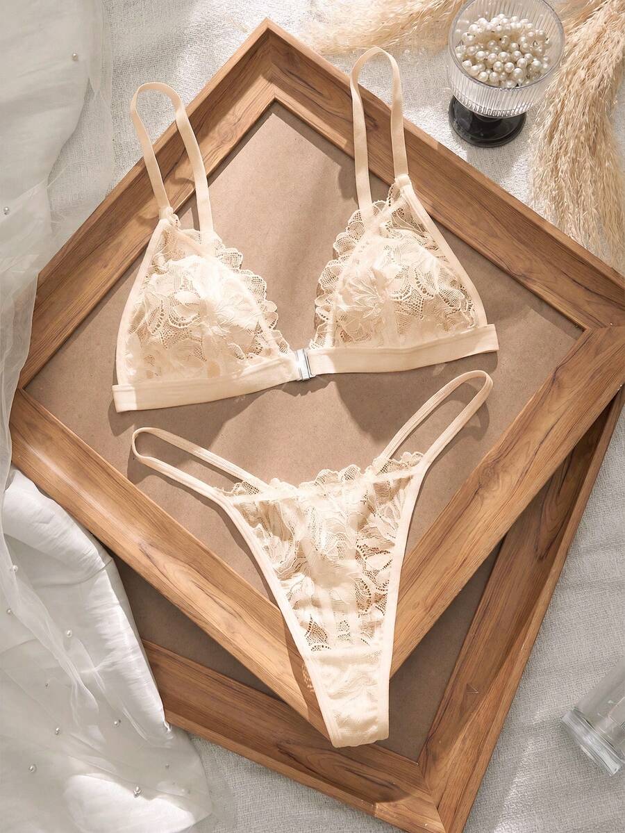 SHEIN 3SETS Sexy Lace Patchwork Front Closure Women's Lingerie Set - Apricot - View 1