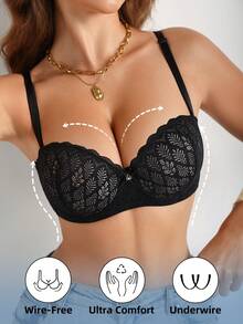 1pc Sexy Lace Half Cup Padded Plunge Bra, Shoulder Cutout, Underwire, Comfortable & Versatile - Black - View 1