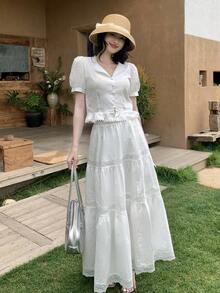 DAZY Women's Collared Korean Style Fresh And Youthful Blouse And Casual Mini Skirt 2 Pieces Set, Spring/Summer - White - View 7