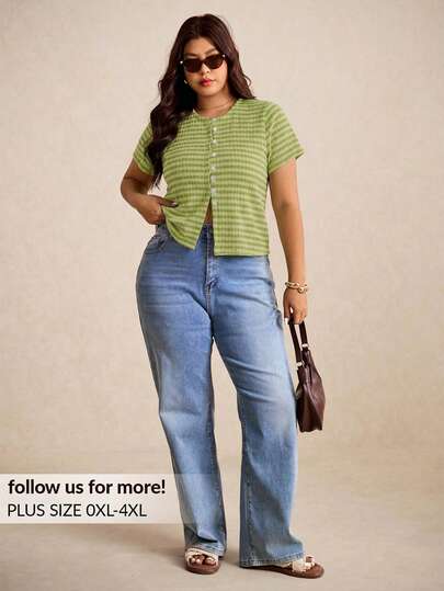 Elaquor Plus Size Women's Round Neck Striped Casual Versatile Daily Wear Short Sleeve T-Shirt