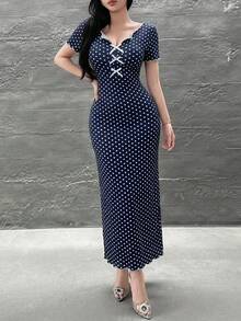 Feyla Vestido de fiesta midi elegante con cintura ceñida y decoración de lazo con lunares para mujer - Azul Marino - Ver 9