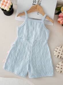 SHEIN Playful Pals 女婴休闲无袖弹力腰短款连体衣，纹理面料，蝴蝶结装饰，粉色，夏季 - 藍色 - 查看 3
