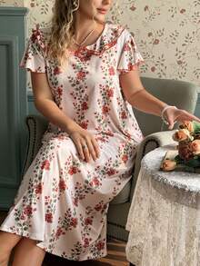 CottageSlumber Plus Size Women's Casual Floral Print Double Ruffle Collar Long Nightgown - Multicolor - View 11
