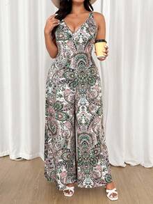 Ceyna Plus Size V-Neck Printed Sleeveless Wide Leg Jumpsuit With Invisible Zipper At Back - Multicolor - View 3