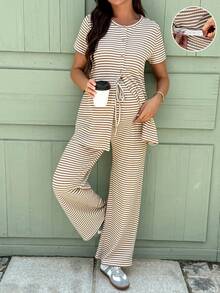 SHEIN Bộ đồ cho con bú 2 món: Áo và quần ngắn tay cổ tròn kẻ sọc tối giản. - Màu Khaki - Xem 1